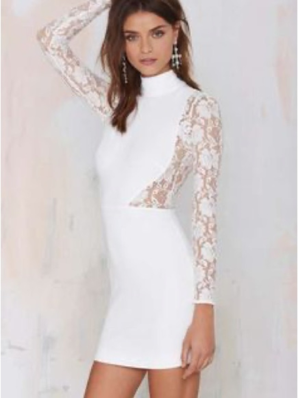 White Lace-Inset Long Sleeve Bodycon Dress